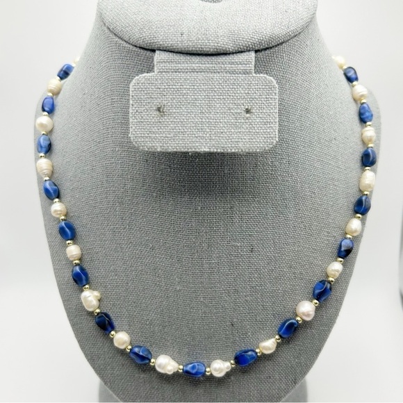 Vintage Baroque Freshwater Pearl & Blue Bead Necklace Gold Tone Spacers 19" - Picture 1 of 12